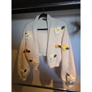 Womens Open Front Knit Cardigan Flower Embroidery Long Sleeve VNeck Crop Sweater